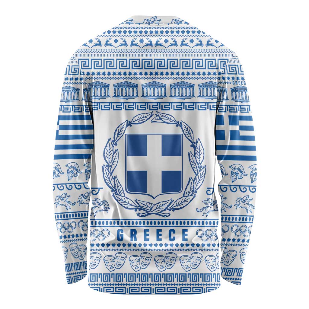 Greece Christmas Long Sleeve Shirt with Santa Rowing Boat Greek Flag Laurel Wreath Parthenon and Blue White Pattern Design - Wonder Print Shop