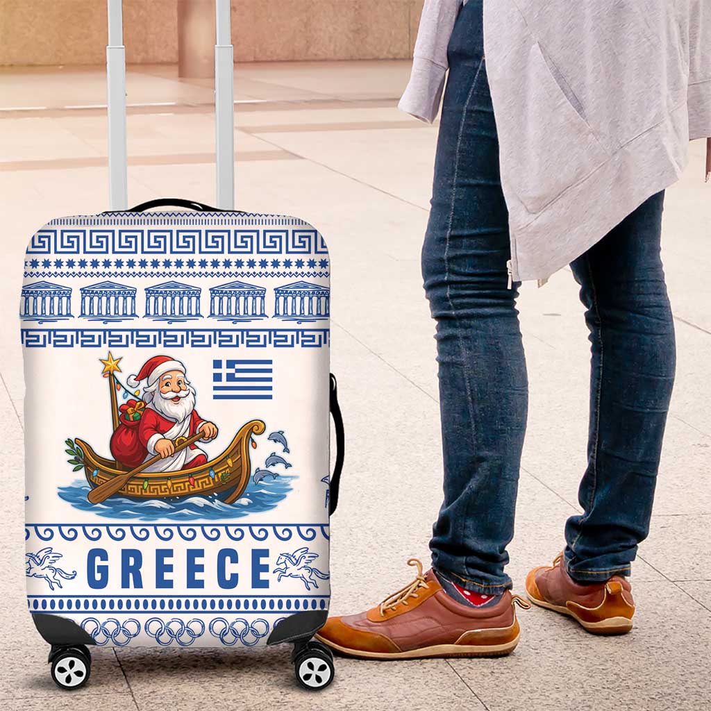 Greece Christmas Luggage Cover with Santa Rowing Boat Greek Flag Laurel Wreath Parthenon and Blue White Pattern Design - Wonder Print Shop