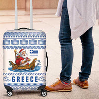 Greece Christmas Luggage Cover with Santa Rowing Boat Greek Flag Laurel Wreath Parthenon and Blue White Pattern Design - Wonder Print Shop