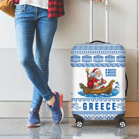 Greece Christmas Luggage Cover with Santa Rowing Boat Greek Flag Laurel Wreath Parthenon and Blue White Pattern Design - Wonder Print Shop