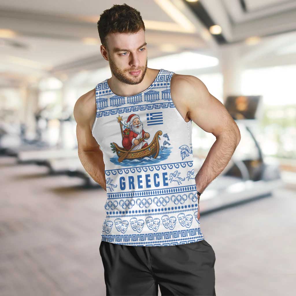 Greece Christmas Men Tank Top with Santa Rowing Boat Greek Flag Laurel Wreath Parthenon and Blue White Pattern Design - Wonder Print Shop