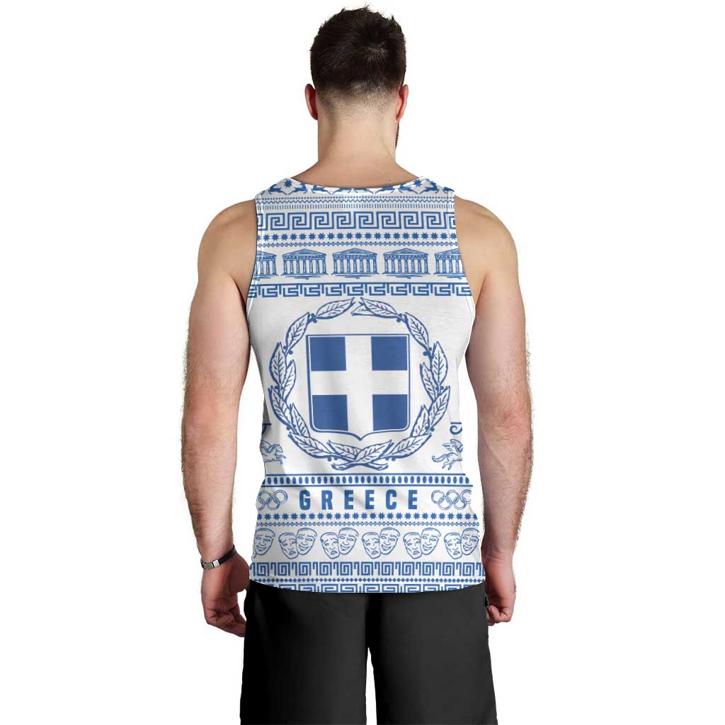 Greece Christmas Men Tank Top with Santa Rowing Boat Greek Flag Laurel Wreath Parthenon and Blue White Pattern Design - Wonder Print Shop