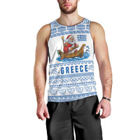 Greece Christmas Men Tank Top with Santa Rowing Boat Greek Flag Laurel Wreath Parthenon and Blue White Pattern Design - Wonder Print Shop