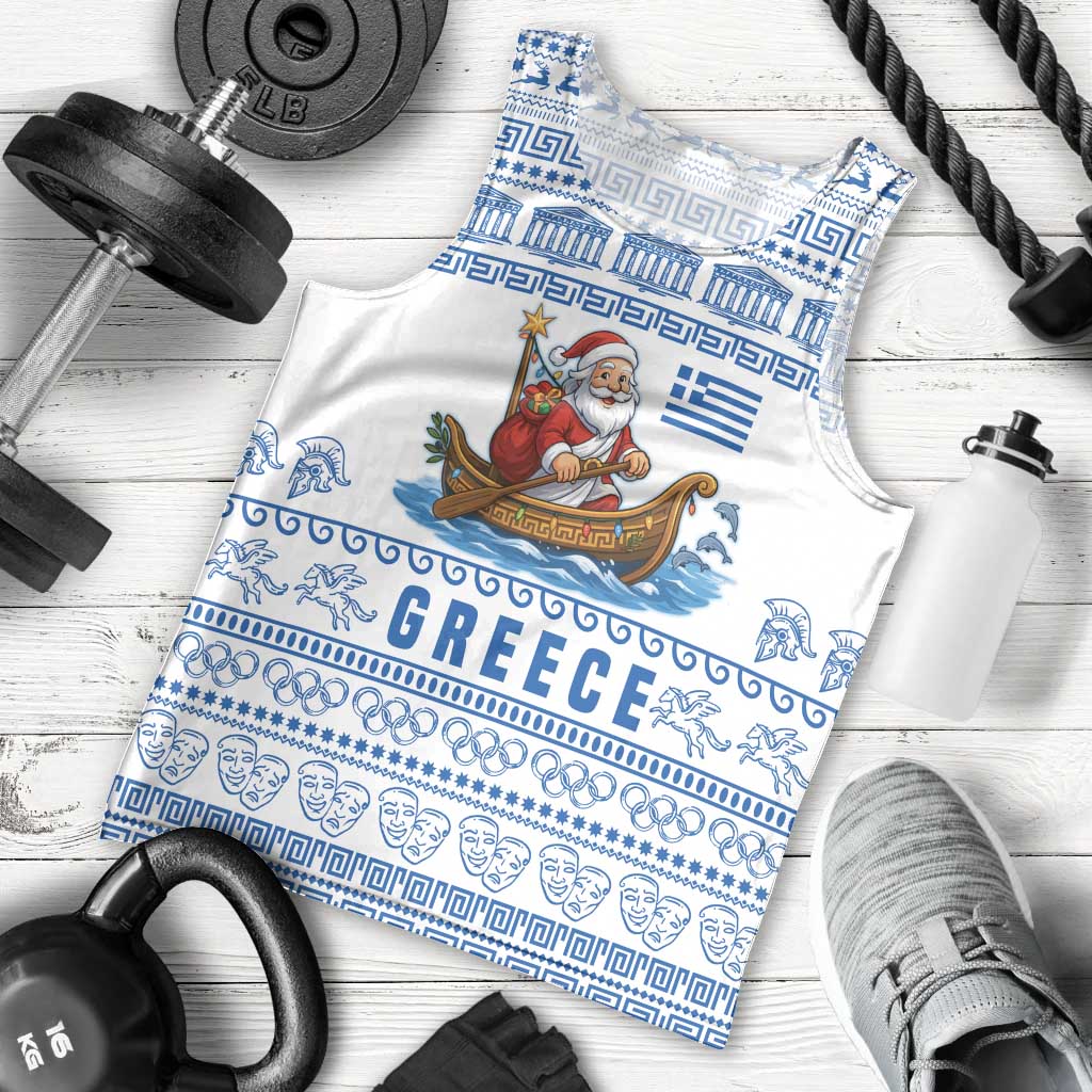 Greece Christmas Men Tank Top with Santa Rowing Boat Greek Flag Laurel Wreath Parthenon and Blue White Pattern Design - Wonder Print Shop