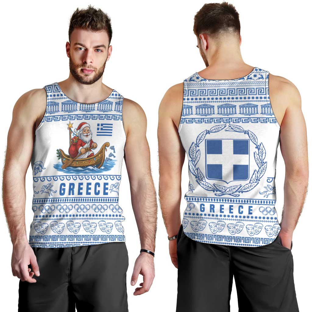 Greece Christmas Men Tank Top with Santa Rowing Boat Greek Flag Laurel Wreath Parthenon and Blue White Pattern Design - Wonder Print Shop