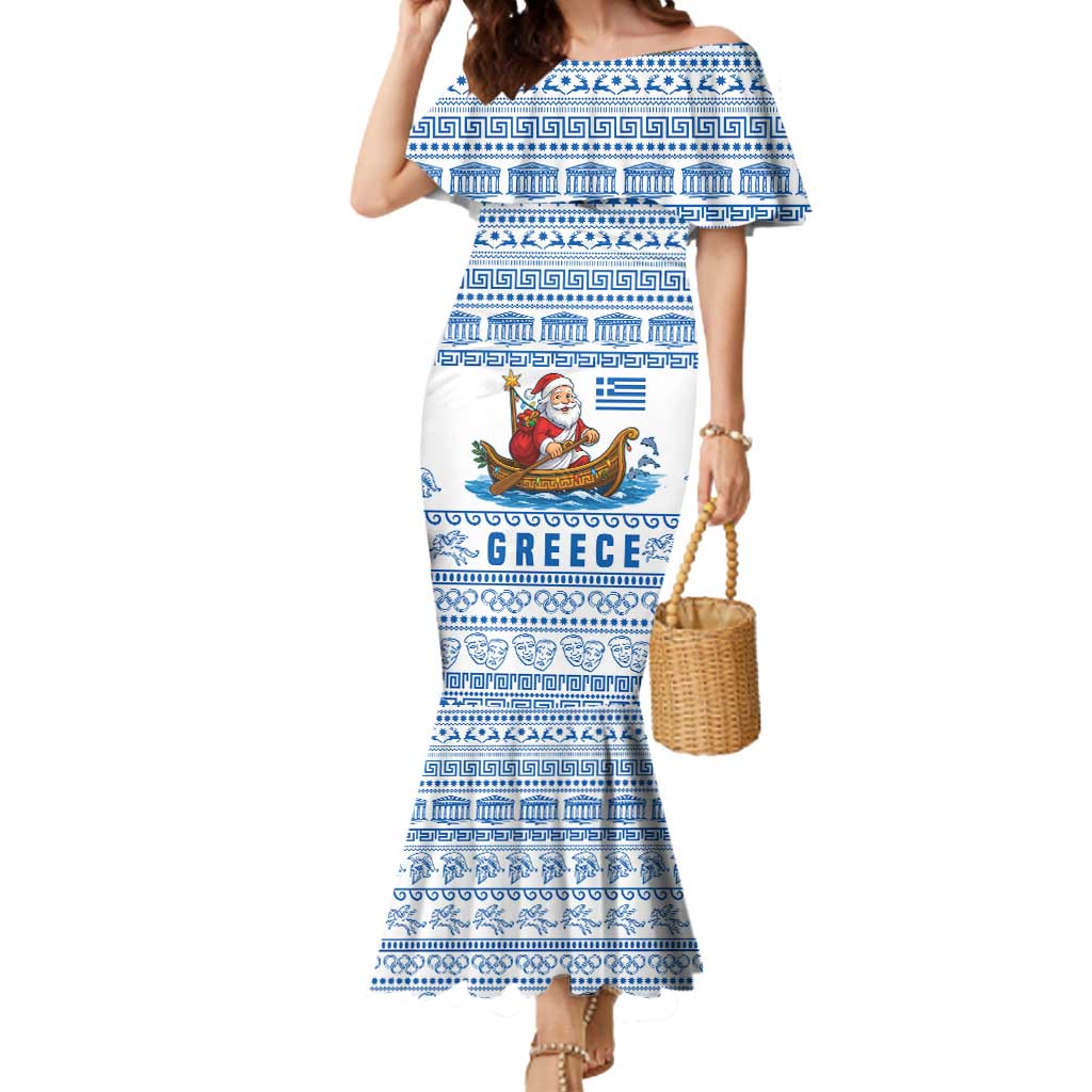 Greece Christmas Mermaid Dress with Santa Rowing Boat Greek Flag Laurel Wreath Parthenon and Blue White Pattern Design - Wonder Print Shop