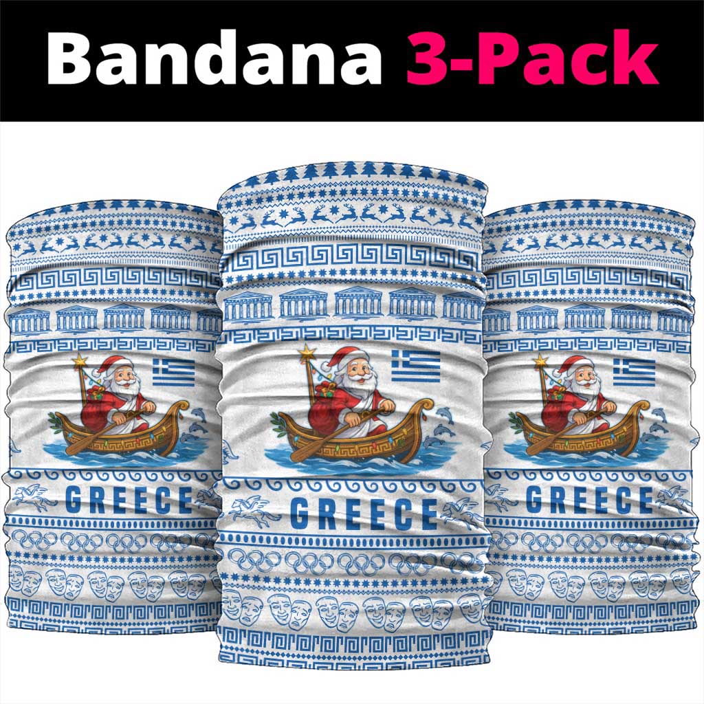 Greece Christmas Neck Gaiter with Santa Rowing Boat Greek Flag Laurel Wreath Parthenon and Blue White Pattern Design - Wonder Print Shop