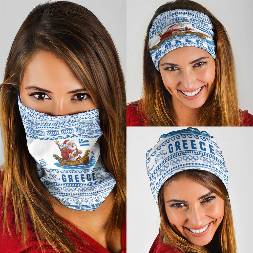 Greece Christmas Neck Gaiter with Santa Rowing Boat Greek Flag Laurel Wreath Parthenon and Blue White Pattern Design - Wonder Print Shop
