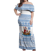 Greece Christmas Off Shoulder Maxi Dress with Santa Rowing Boat Greek Flag Laurel Wreath Parthenon and Blue White Pattern Design - Wonder Print Shop