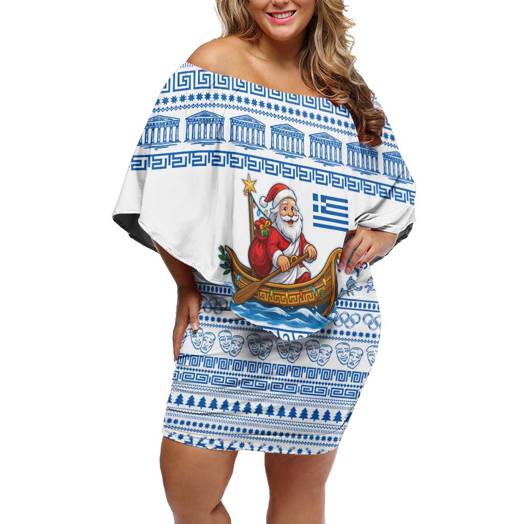 Greece Christmas Off Shoulder Short Dress with Santa Rowing Boat Greek Flag Laurel Wreath Parthenon and Blue White Pattern Design - Wonder Print Shop