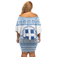Greece Christmas Off Shoulder Short Dress with Santa Rowing Boat Greek Flag Laurel Wreath Parthenon and Blue White Pattern Design - Wonder Print Shop