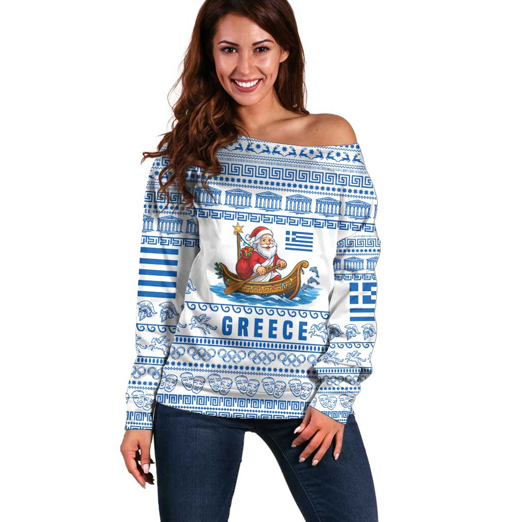 Greece Christmas Off Shoulder Sweater with Santa Rowing Boat Greek Flag Laurel Wreath Parthenon and Blue White Pattern Design - Wonder Print Shop