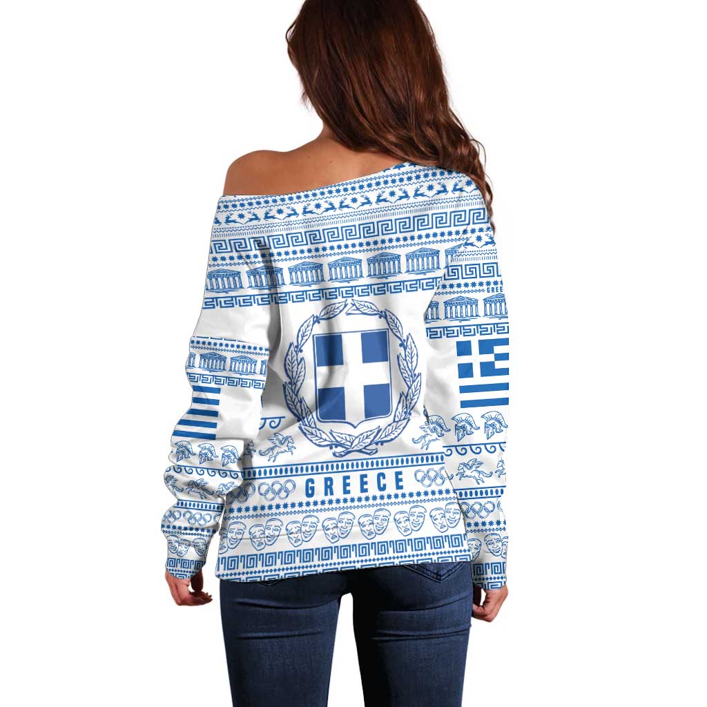 Greece Christmas Off Shoulder Sweater with Santa Rowing Boat Greek Flag Laurel Wreath Parthenon and Blue White Pattern Design - Wonder Print Shop