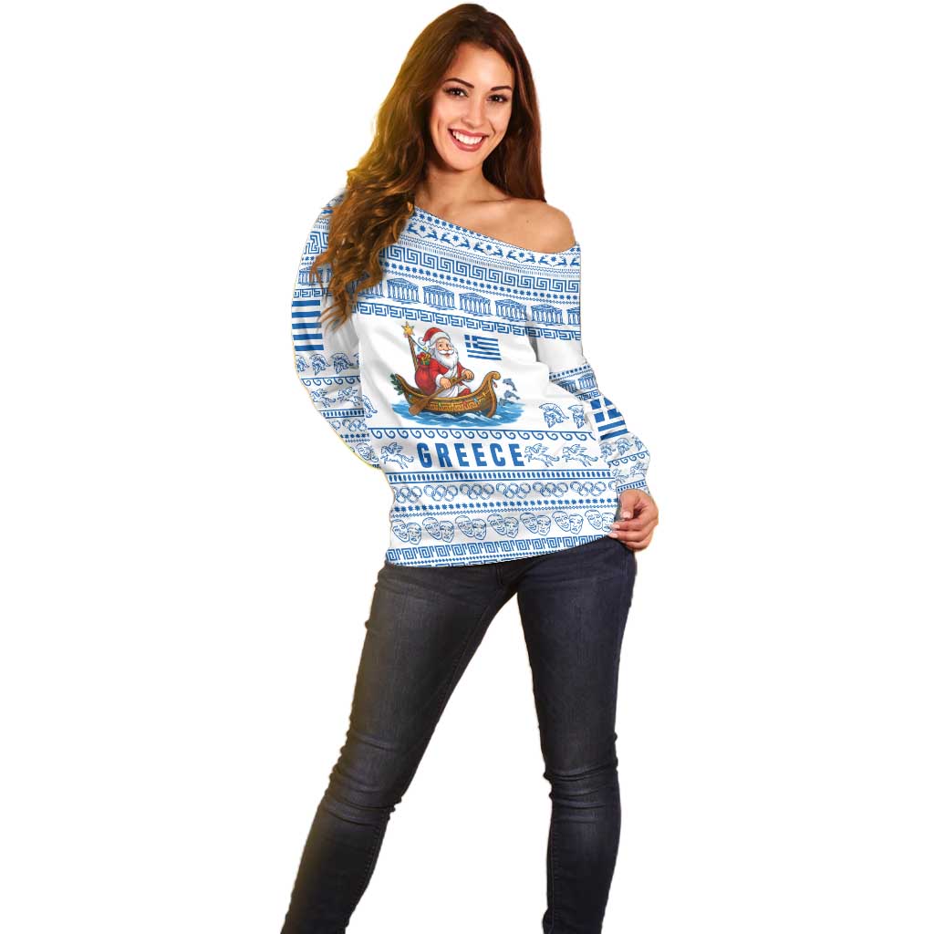Greece Christmas Off Shoulder Sweater with Santa Rowing Boat Greek Flag Laurel Wreath Parthenon and Blue White Pattern Design - Wonder Print Shop