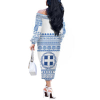 Greece Christmas Off The Shoulder Long Sleeve Dress with Santa Rowing Boat Greek Flag Laurel Wreath Parthenon and Blue White Pattern Design - Wonder Print Shop