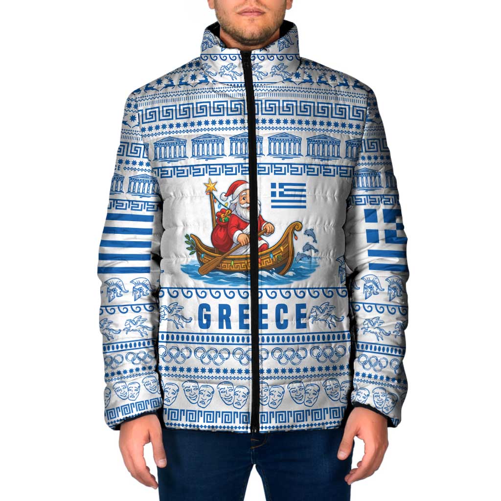 Greece Christmas Padded Jacket with Santa Rowing Boat Greek Flag Laurel Wreath Parthenon and Blue White Pattern Design - Wonder Print Shop