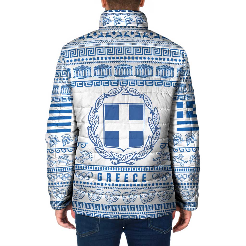 Greece Christmas Padded Jacket with Santa Rowing Boat Greek Flag Laurel Wreath Parthenon and Blue White Pattern Design - Wonder Print Shop