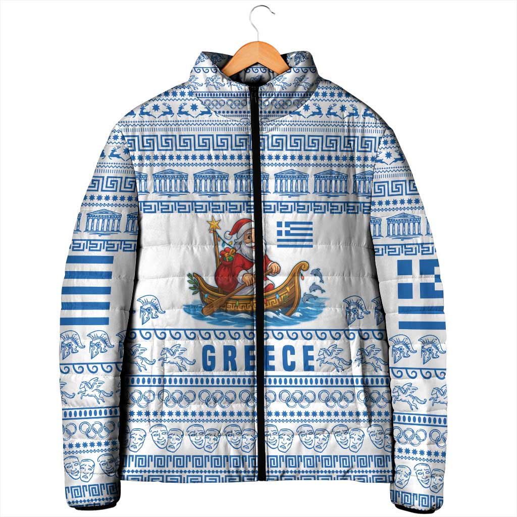 Greece Christmas Padded Jacket with Santa Rowing Boat Greek Flag Laurel Wreath Parthenon and Blue White Pattern Design - Wonder Print Shop