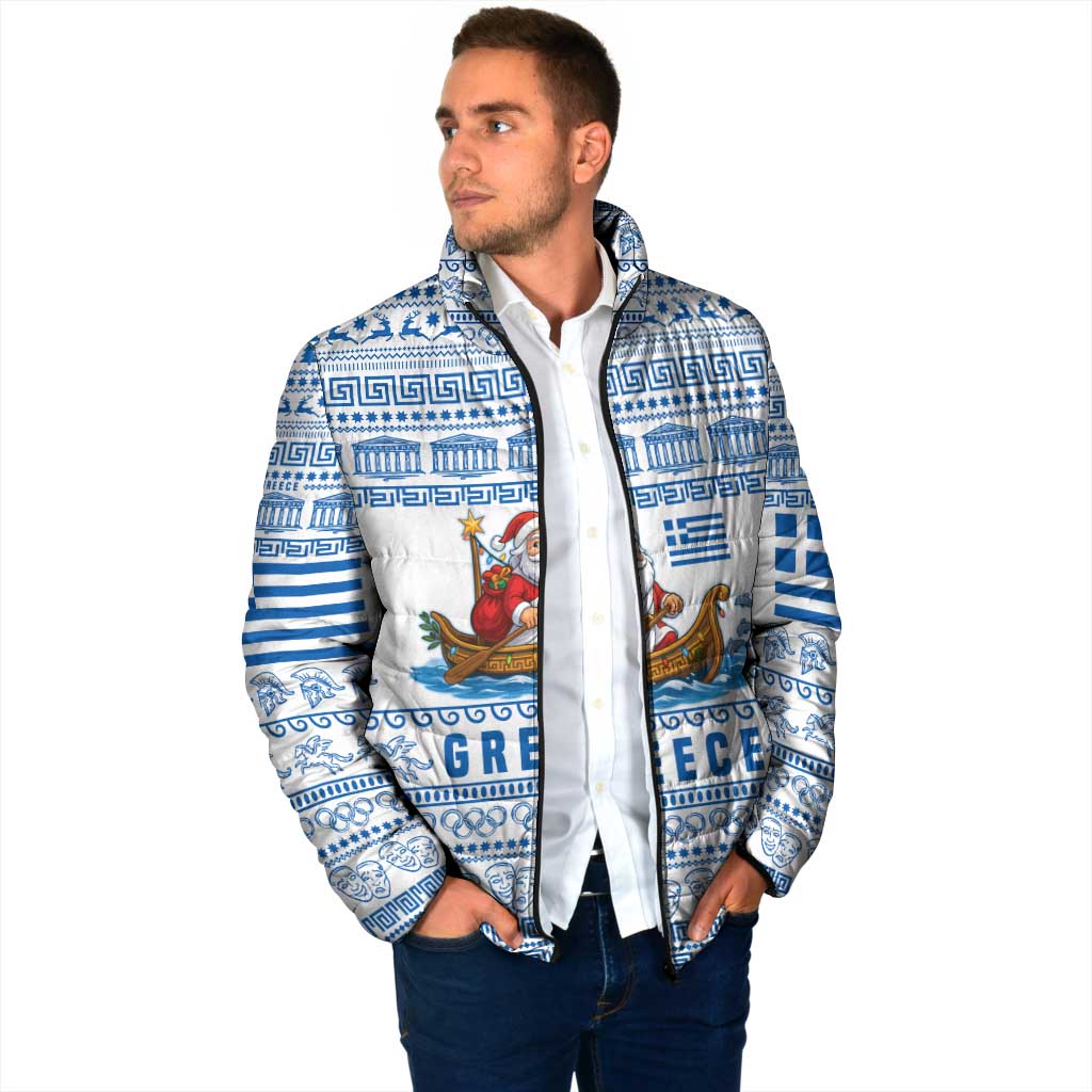 Greece Christmas Padded Jacket with Santa Rowing Boat Greek Flag Laurel Wreath Parthenon and Blue White Pattern Design - Wonder Print Shop