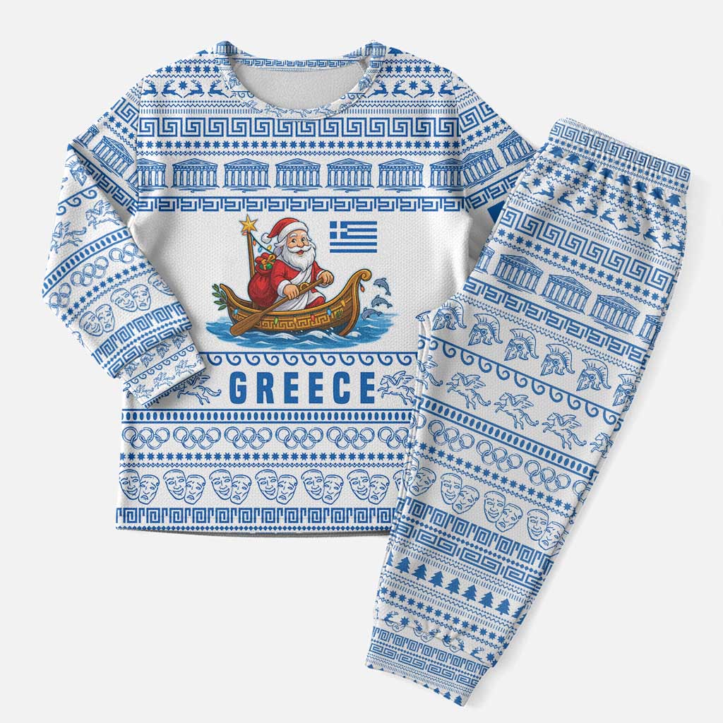 Greece Christmas Pajama Set with Santa Rowing Boat Greek Flag Laurel Wreath Parthenon and Blue White Pattern Design - Wonder Print Shop