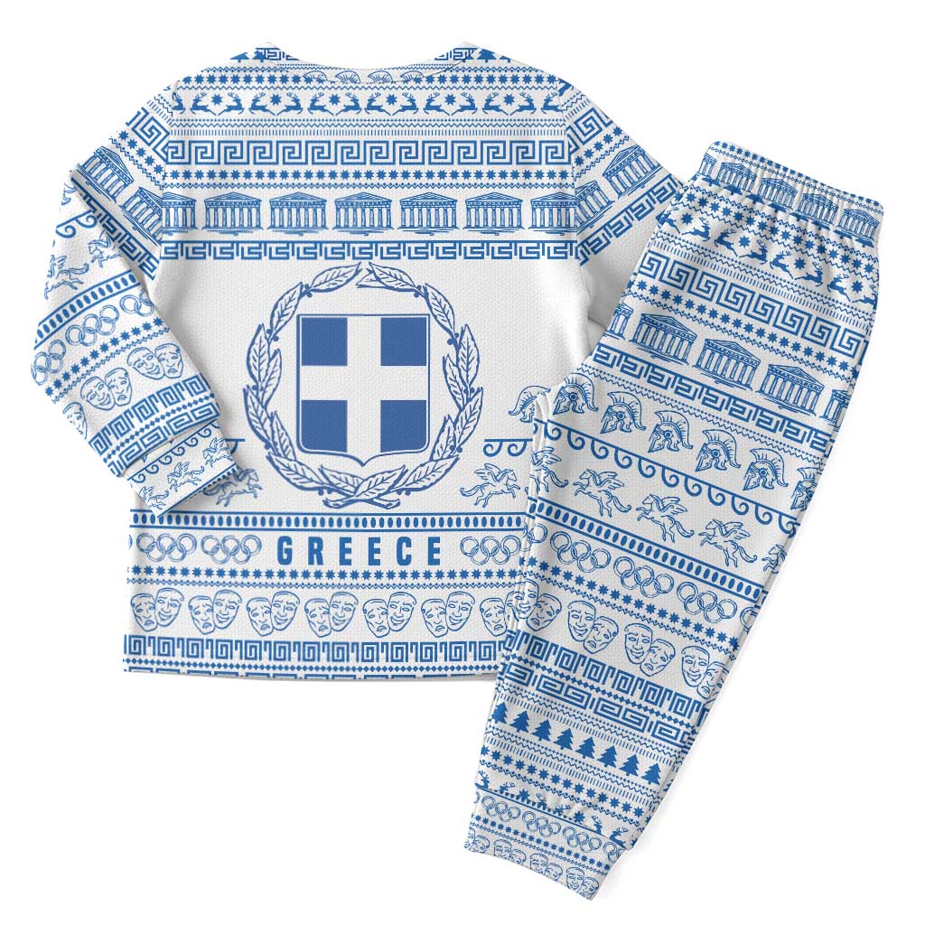 Greece Christmas Pajama Set with Santa Rowing Boat Greek Flag Laurel Wreath Parthenon and Blue White Pattern Design - Wonder Print Shop