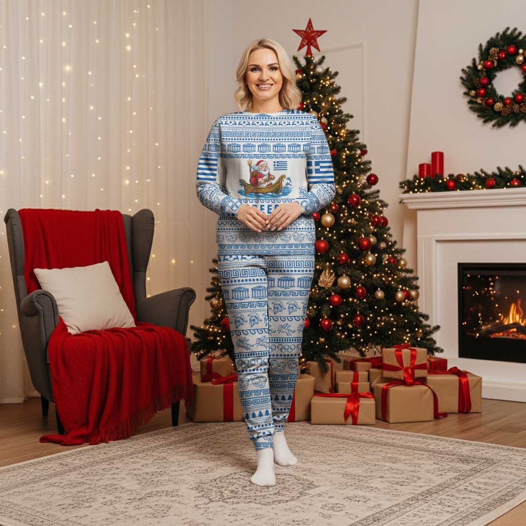 Greece Christmas Pajama Set with Santa Rowing Boat Greek Flag Laurel Wreath Parthenon and Blue White Pattern Design - Wonder Print Shop
