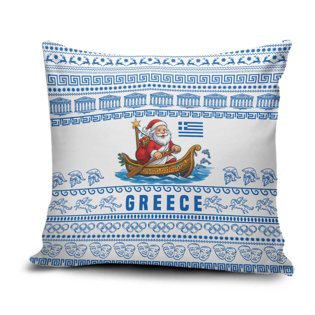 Greece Christmas Pillow Cover with Santa Rowing Boat Greek Flag Laurel Wreath Parthenon and Blue White Pattern Design - Wonder Print Shop