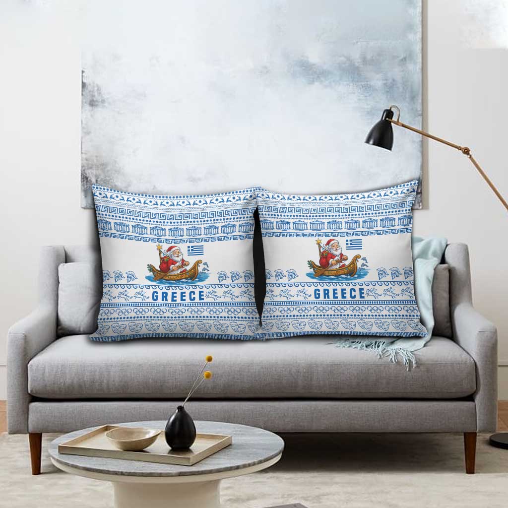 Greece Christmas Pillow Cover with Santa Rowing Boat Greek Flag Laurel Wreath Parthenon and Blue White Pattern Design - Wonder Print Shop