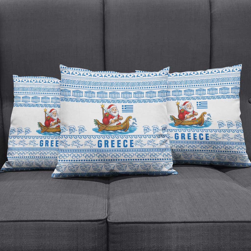 Greece Christmas Pillow Cover with Santa Rowing Boat Greek Flag Laurel Wreath Parthenon and Blue White Pattern Design - Wonder Print Shop