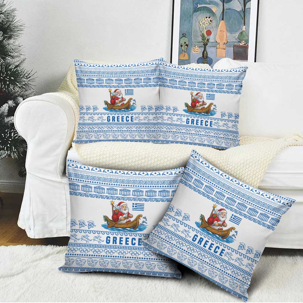 Greece Christmas Pillow Cover with Santa Rowing Boat Greek Flag Laurel Wreath Parthenon and Blue White Pattern Design - Wonder Print Shop