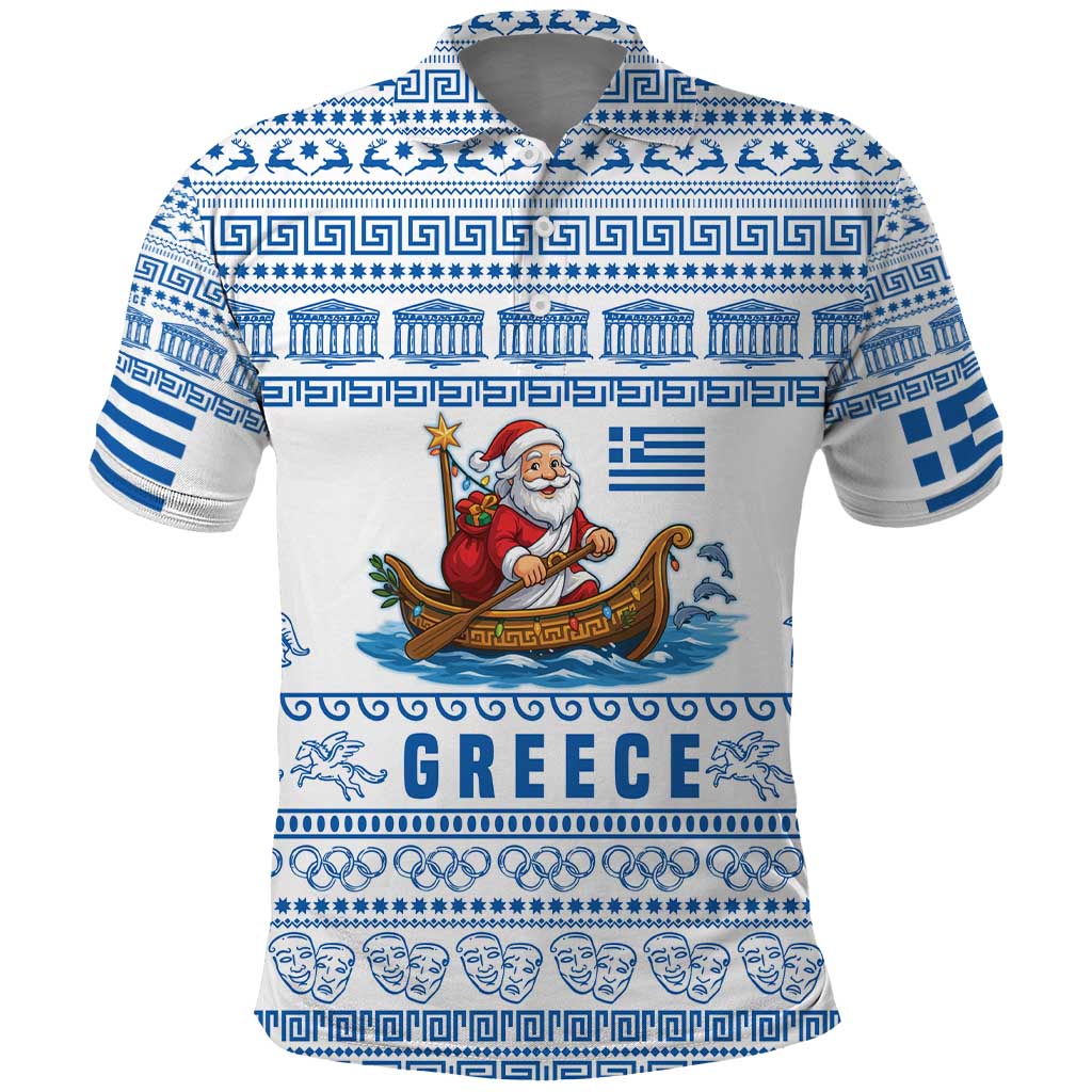 Greece Christmas Polo Shirt with Santa Rowing Boat Greek Flag Laurel Wreath Parthenon and Blue White Pattern Design - Wonder Print Shop