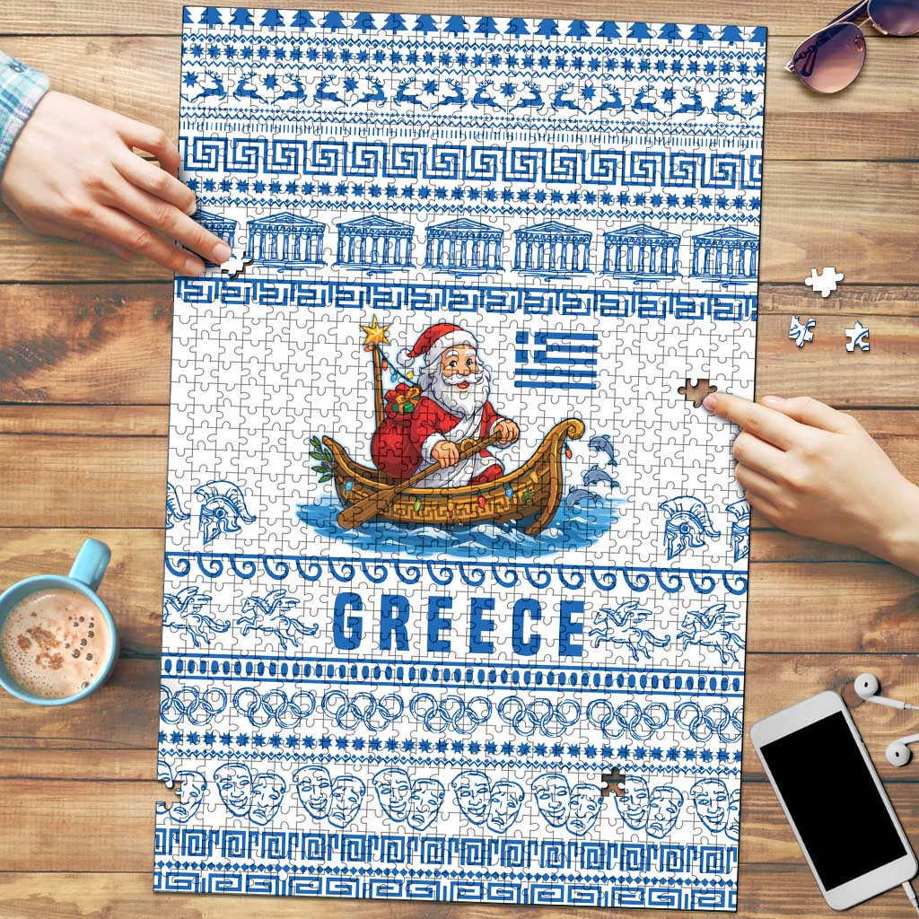 Greece Christmas Puzzle with Santa Rowing Boat Greek Flag Laurel Wreath Parthenon and Blue White Pattern Design - Wonder Print Shop
