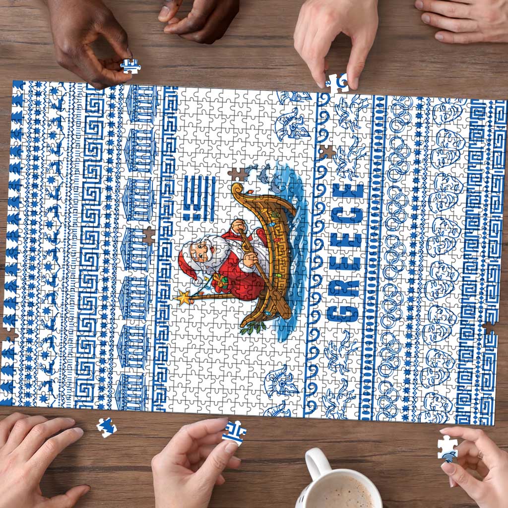 Greece Christmas Puzzle with Santa Rowing Boat Greek Flag Laurel Wreath Parthenon and Blue White Pattern Design - Wonder Print Shop