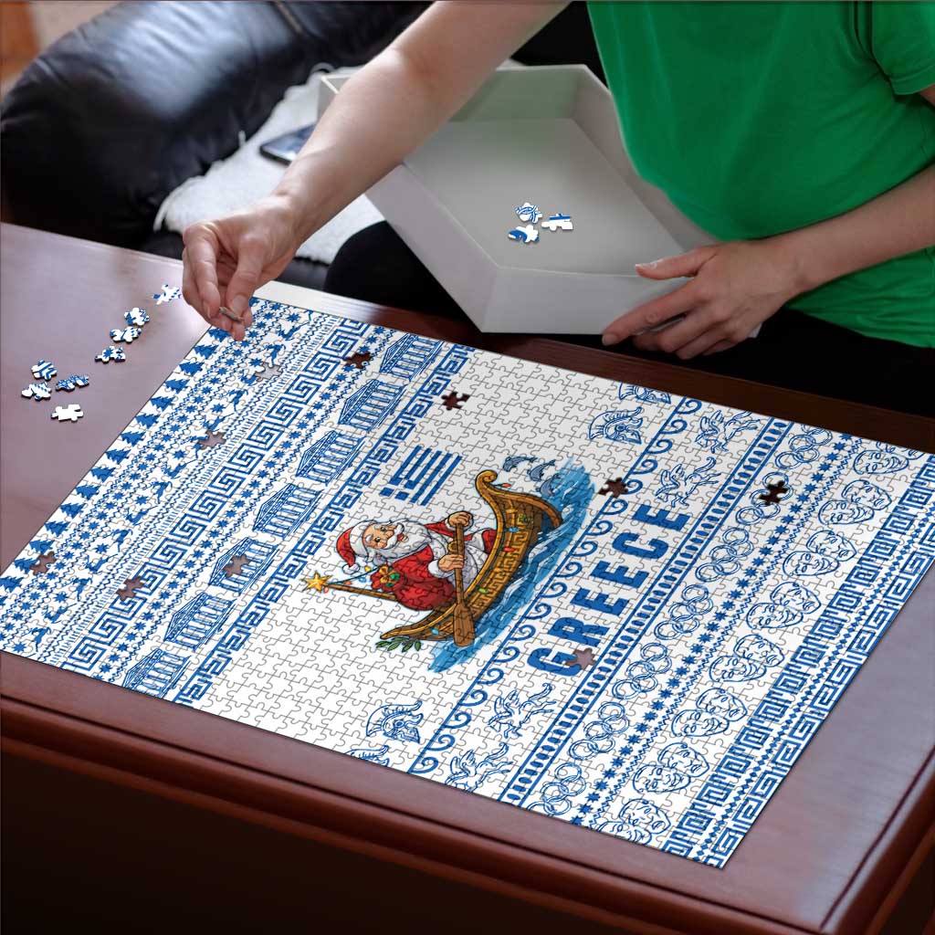 Greece Christmas Puzzle with Santa Rowing Boat Greek Flag Laurel Wreath Parthenon and Blue White Pattern Design - Wonder Print Shop