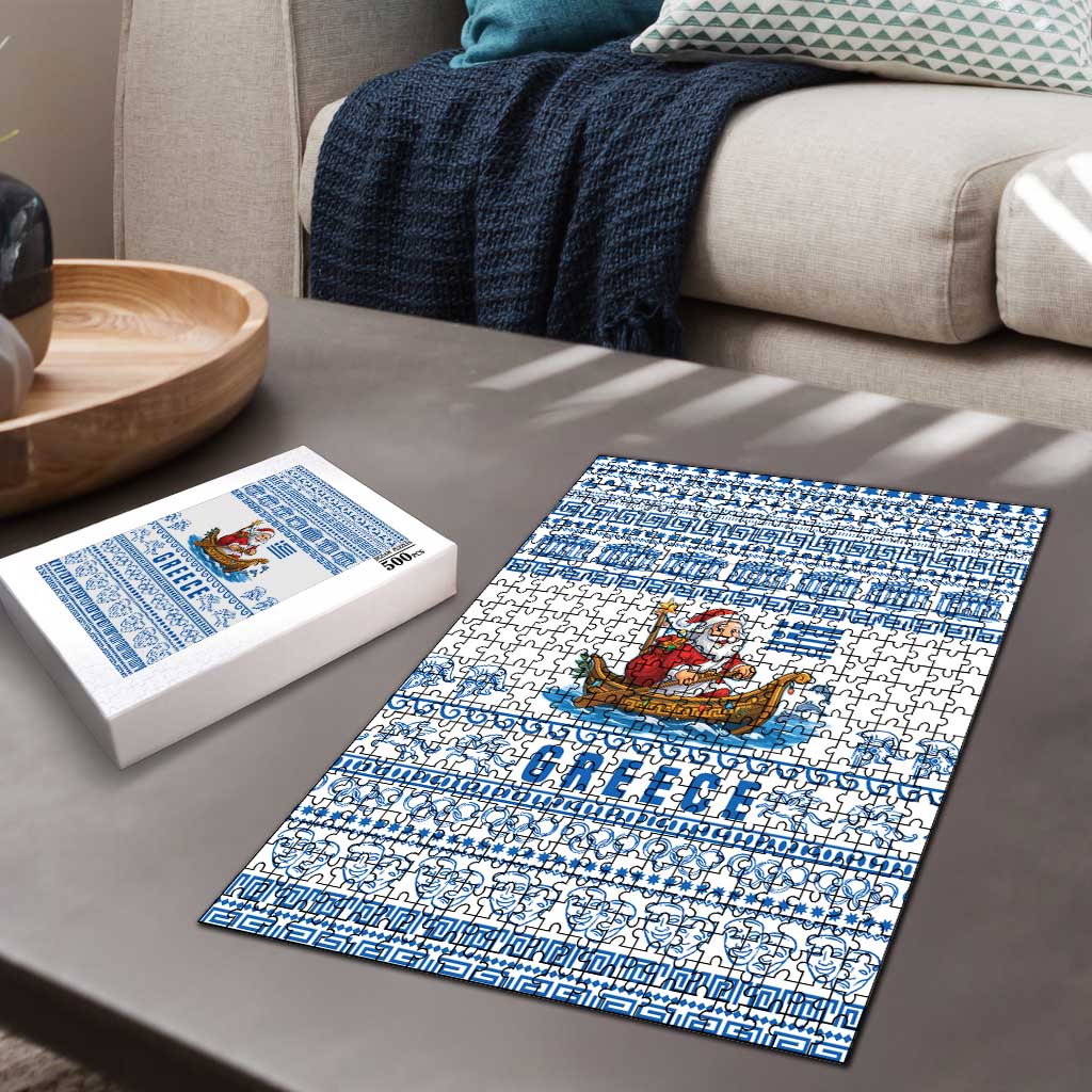 Greece Christmas Puzzle with Santa Rowing Boat Greek Flag Laurel Wreath Parthenon and Blue White Pattern Design - Wonder Print Shop