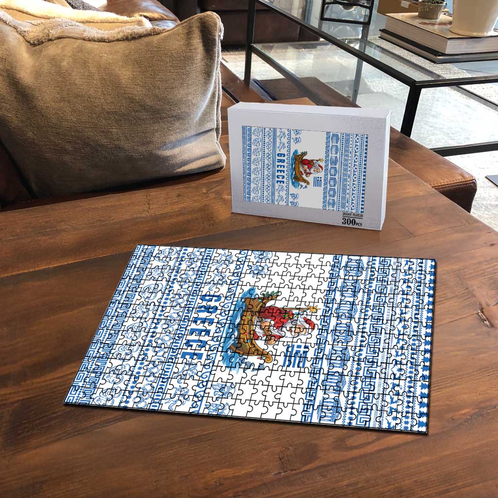 Greece Christmas Puzzle with Santa Rowing Boat Greek Flag Laurel Wreath Parthenon and Blue White Pattern Design - Wonder Print Shop
