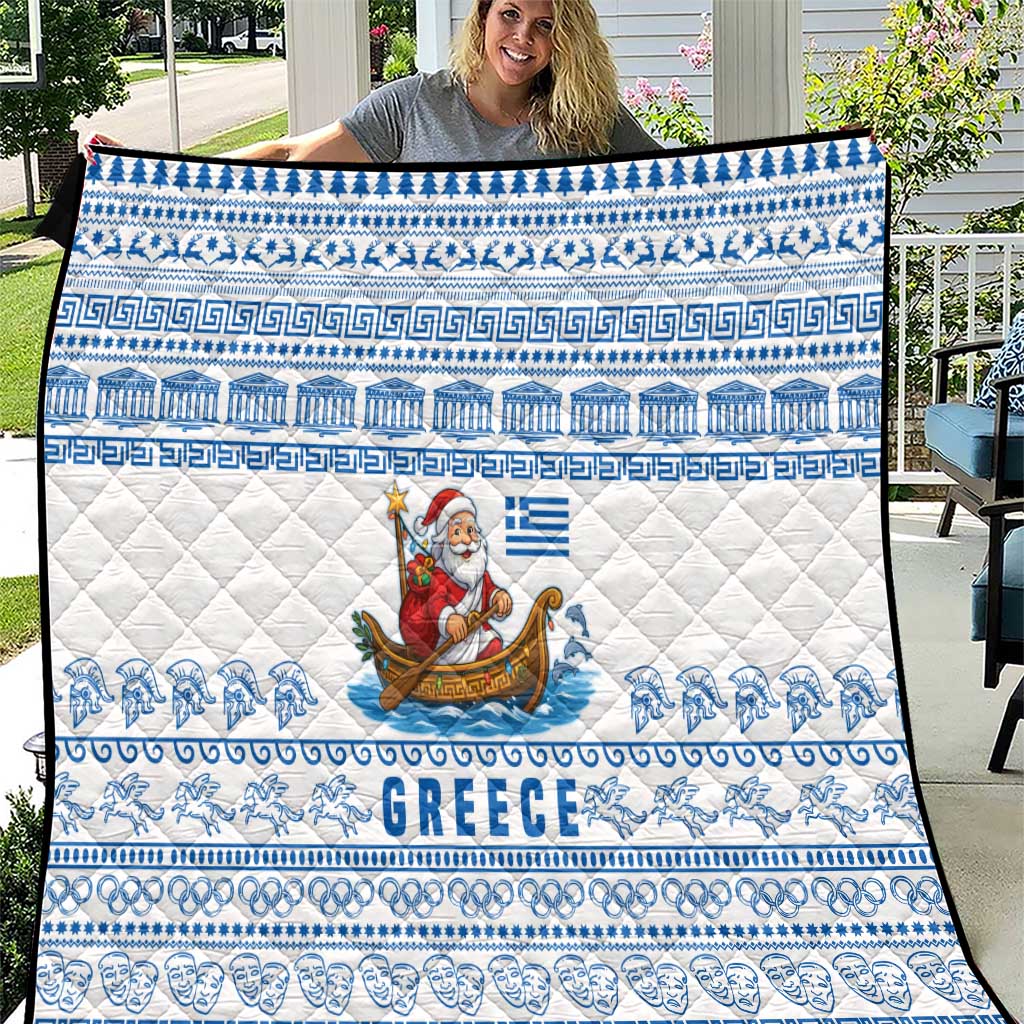 Greece Christmas Quilt with Santa Rowing Boat Greek Flag Laurel Wreath Parthenon and Blue White Pattern Design - Wonder Print Shop