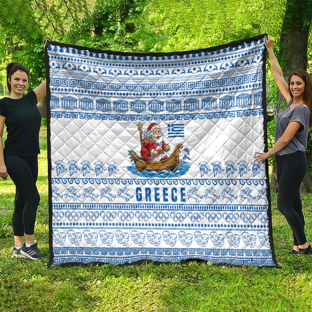Greece Christmas Quilt with Santa Rowing Boat Greek Flag Laurel Wreath Parthenon and Blue White Pattern Design - Wonder Print Shop