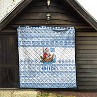 Greece Christmas Quilt with Santa Rowing Boat Greek Flag Laurel Wreath Parthenon and Blue White Pattern Design - Wonder Print Shop