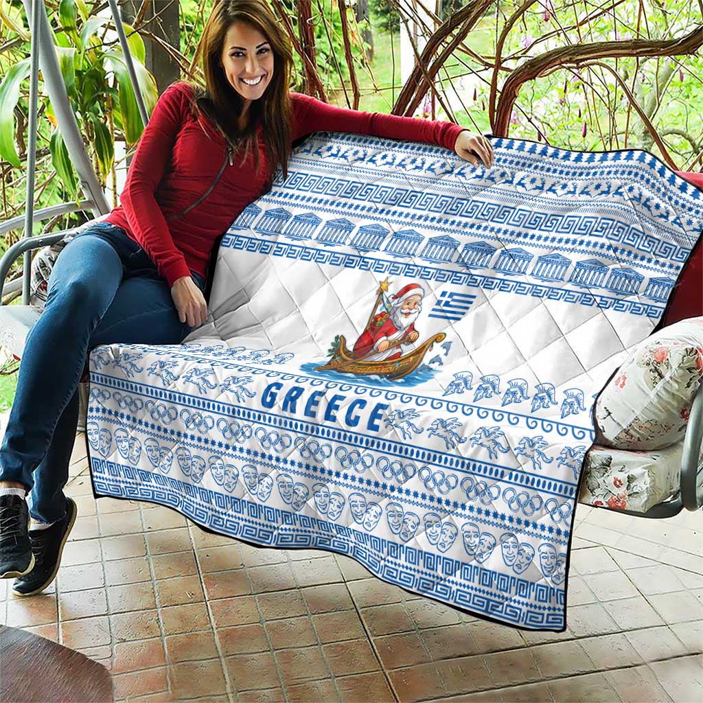 Greece Christmas Quilt with Santa Rowing Boat Greek Flag Laurel Wreath Parthenon and Blue White Pattern Design - Wonder Print Shop