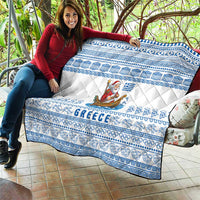 Greece Christmas Quilt with Santa Rowing Boat Greek Flag Laurel Wreath Parthenon and Blue White Pattern Design - Wonder Print Shop