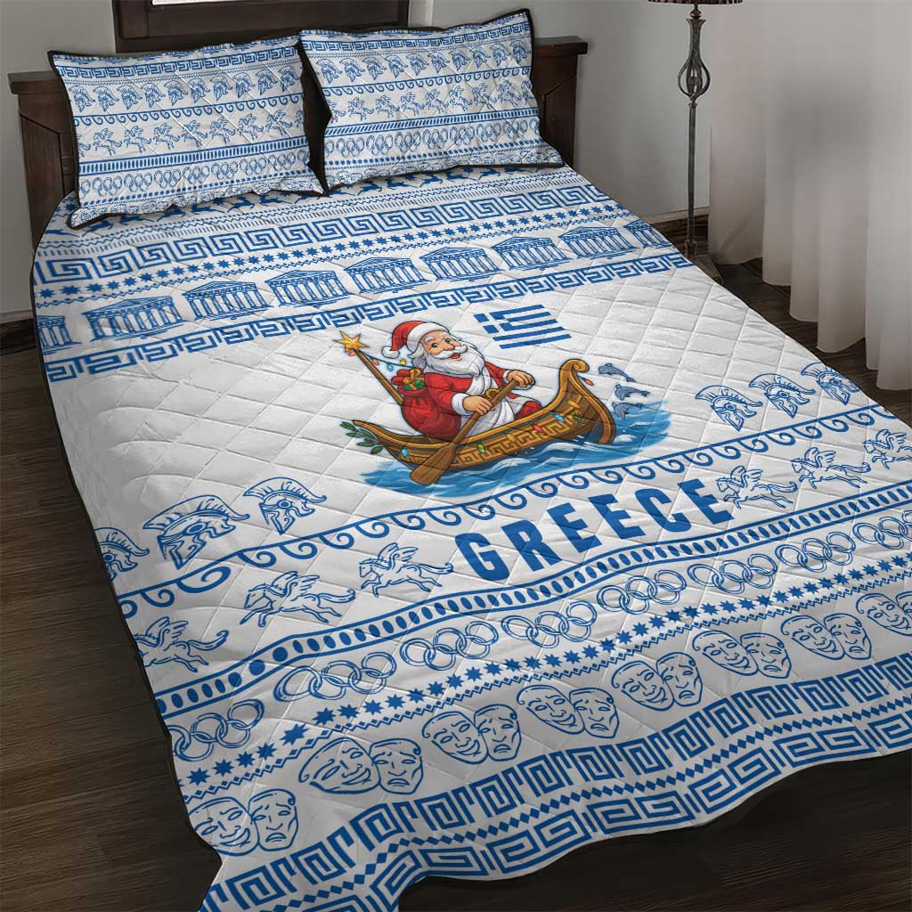 Greece Christmas Quilt Bed Set with Santa Rowing Boat Greek Flag Laurel Wreath Parthenon and Blue White Pattern Design - Wonder Print Shop