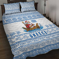 Greece Christmas Quilt Bed Set with Santa Rowing Boat Greek Flag Laurel Wreath Parthenon and Blue White Pattern Design - Wonder Print Shop