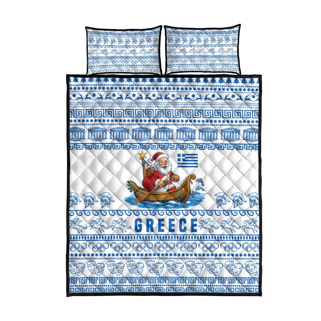 Greece Christmas Quilt Bed Set with Santa Rowing Boat Greek Flag Laurel Wreath Parthenon and Blue White Pattern Design - Wonder Print Shop