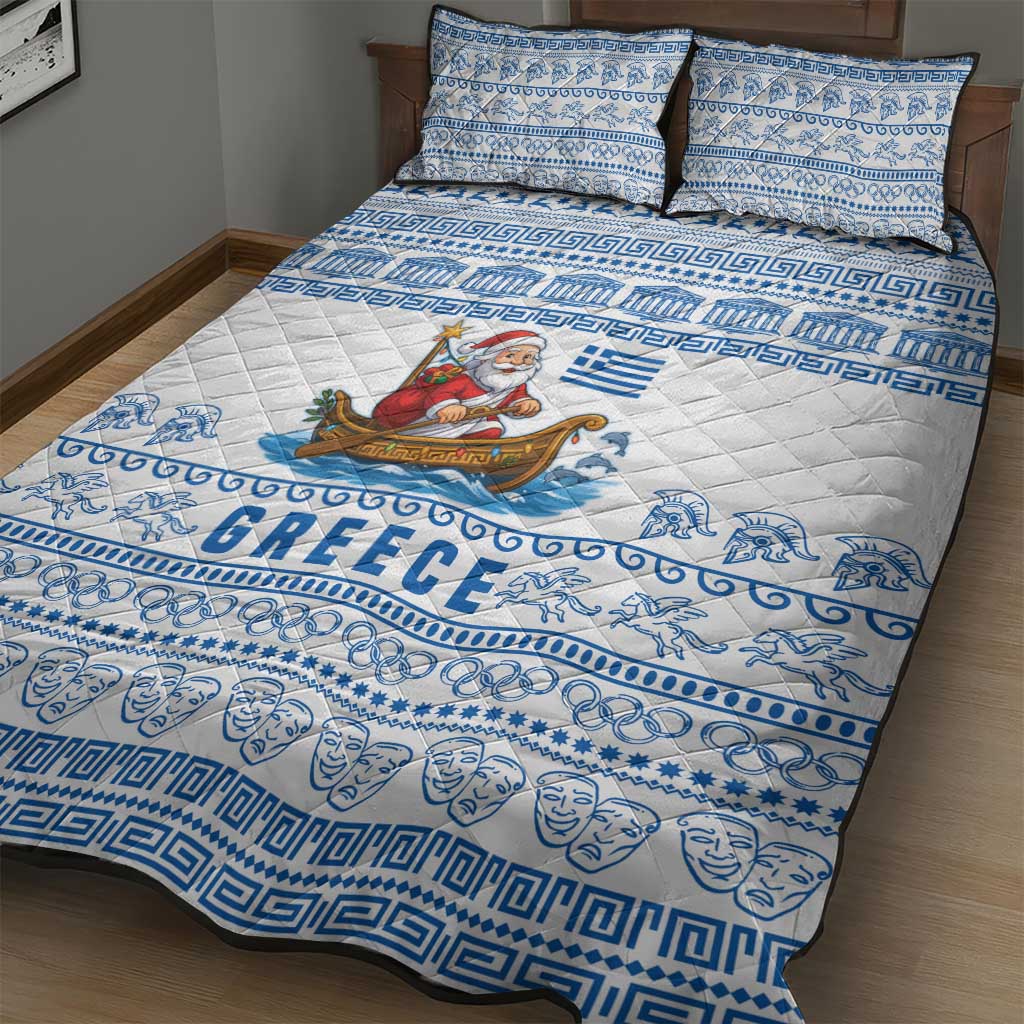 Greece Christmas Quilt Bed Set with Santa Rowing Boat Greek Flag Laurel Wreath Parthenon and Blue White Pattern Design - Wonder Print Shop