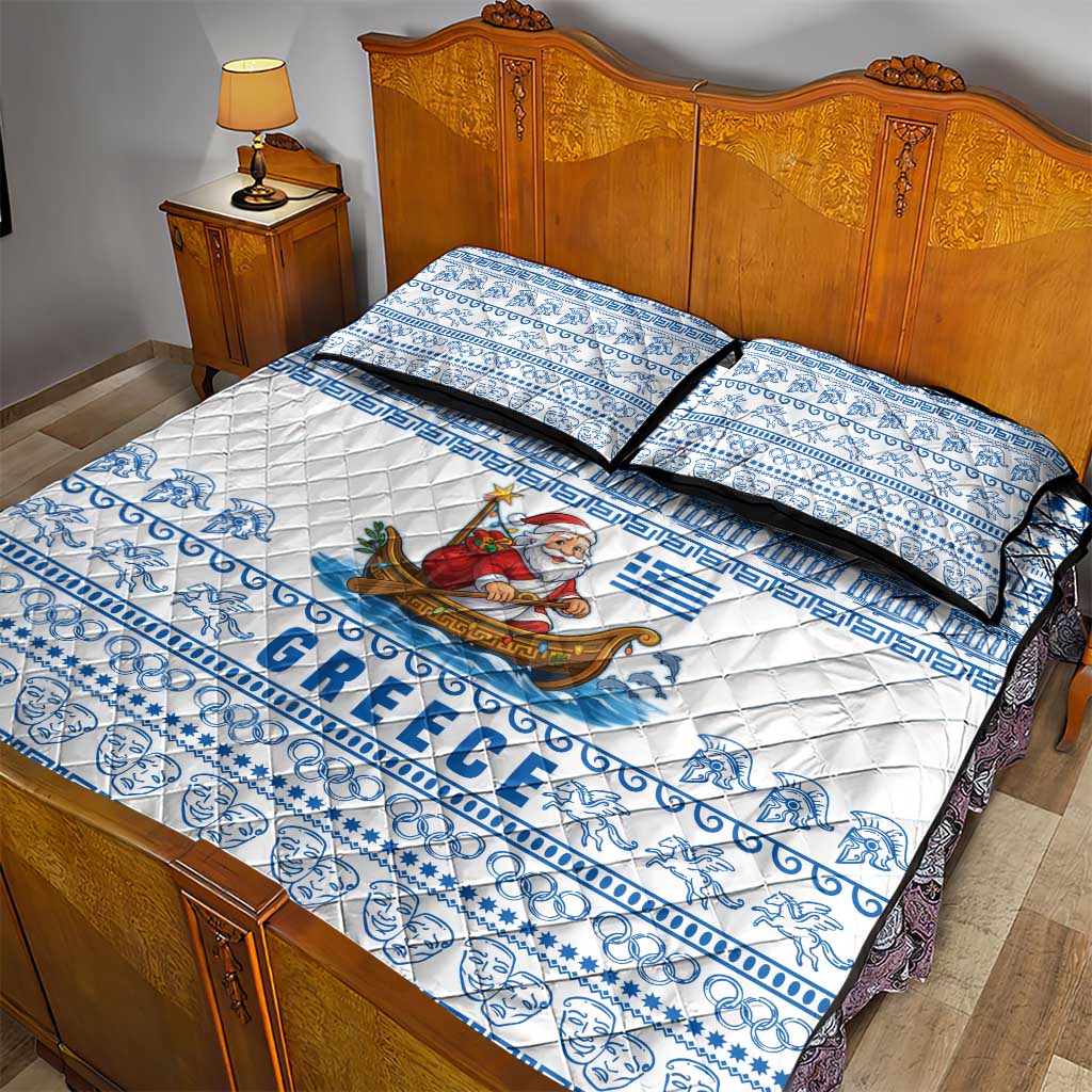 Greece Christmas Quilt Bed Set with Santa Rowing Boat Greek Flag Laurel Wreath Parthenon and Blue White Pattern Design - Wonder Print Shop