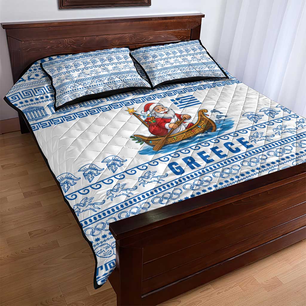 Greece Christmas Quilt Bed Set with Santa Rowing Boat Greek Flag Laurel Wreath Parthenon and Blue White Pattern Design - Wonder Print Shop