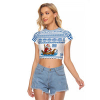 Greece Christmas Raglan Cropped T Shirt with Santa Rowing Boat Greek Flag Laurel Wreath Parthenon and Blue White Pattern Design - Wonder Print Shop
