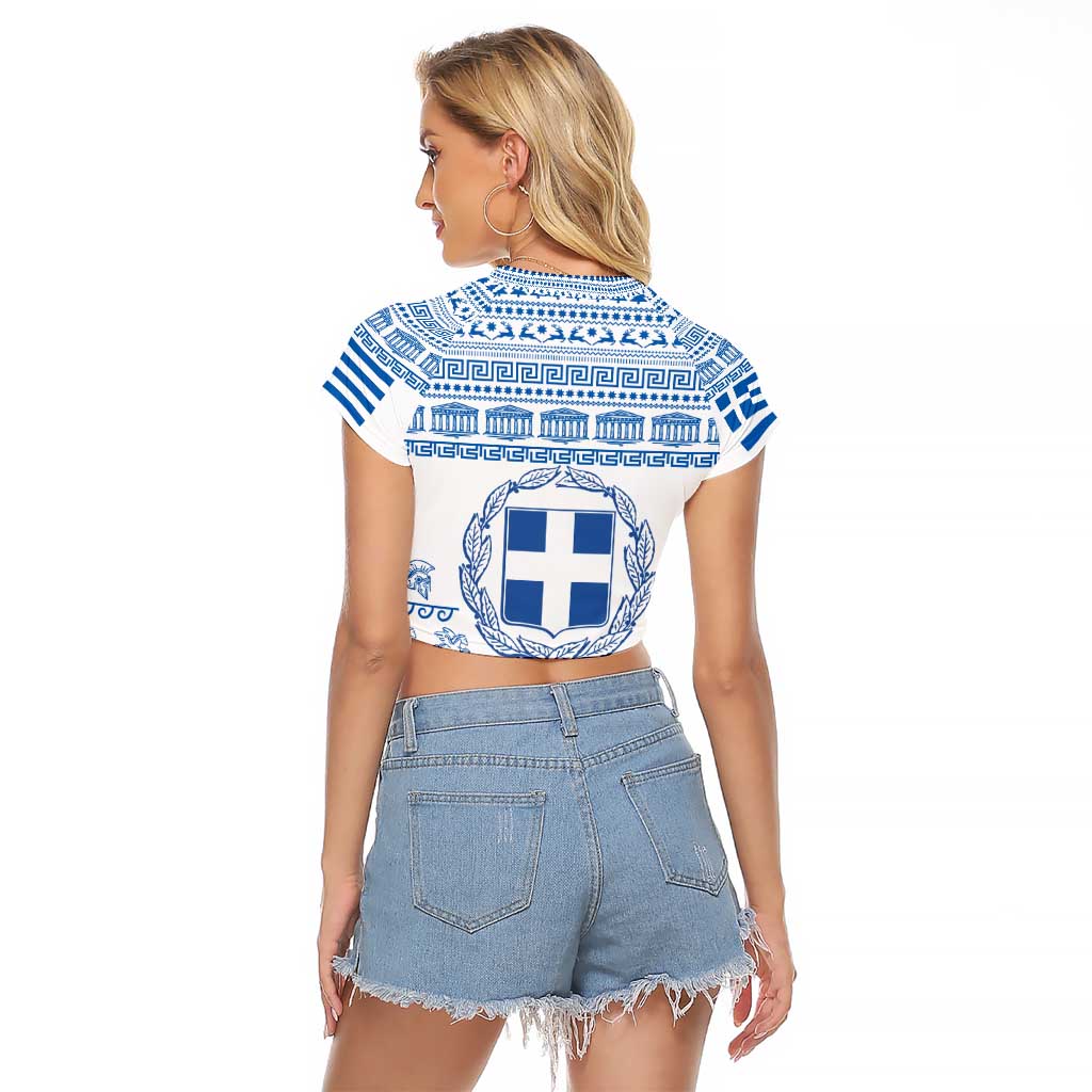 Greece Christmas Raglan Cropped T Shirt with Santa Rowing Boat Greek Flag Laurel Wreath Parthenon and Blue White Pattern Design - Wonder Print Shop