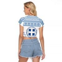 Greece Christmas Raglan Cropped T Shirt with Santa Rowing Boat Greek Flag Laurel Wreath Parthenon and Blue White Pattern Design - Wonder Print Shop